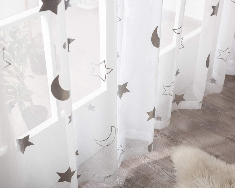 SEEKRIGHT Twinkle Moon Curtains Sheer Silver for Baby Nursey Room - Grommet Star and Moon Lace Curtains for Living Room 84 Inch Length, Set 2 Panels - Image 1